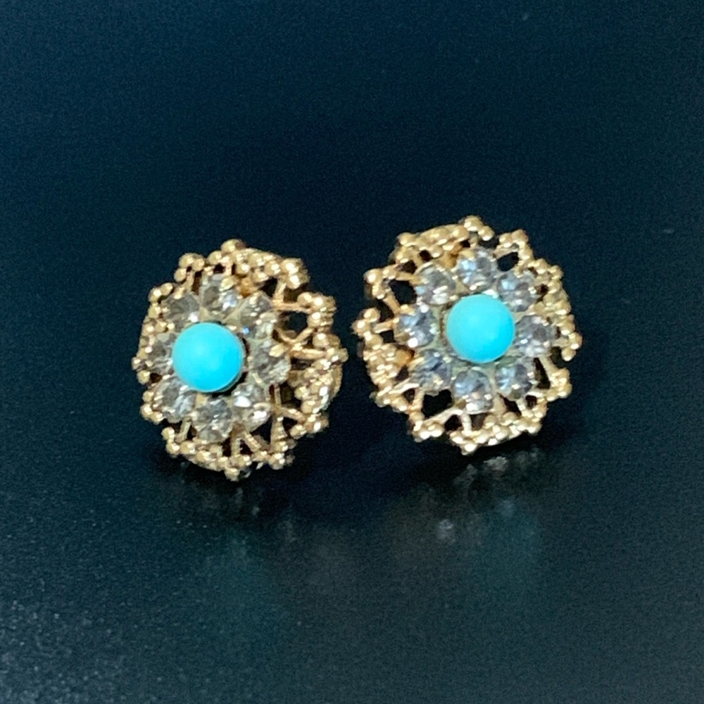 Persian Stud Earrings  Turquoise Bead Halo of Clear Rhinestones - Picture 2 of 5